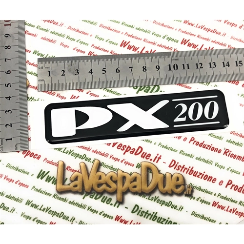 Lettrage adhésif en résine pour capot et flancs de Vespa PX 200 (1998), base noire miroir.