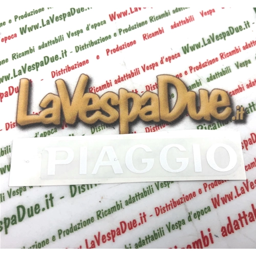 Piaggio-Schriftzug für die Frontschürze der VESPA PX 125, 150 und 200 (Baujahre 1997–2000) in Weiß auf transparentem Untergrund