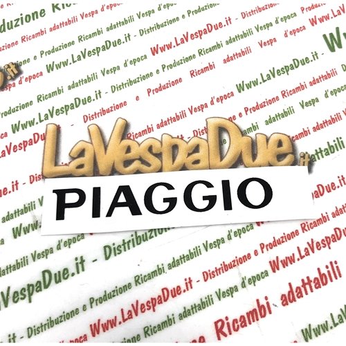 Placa adhesiva negra con letras Piaggio para la parrilla delantera de la VESPA PX 125 150 200 (1997-2000) sobre base transparente.