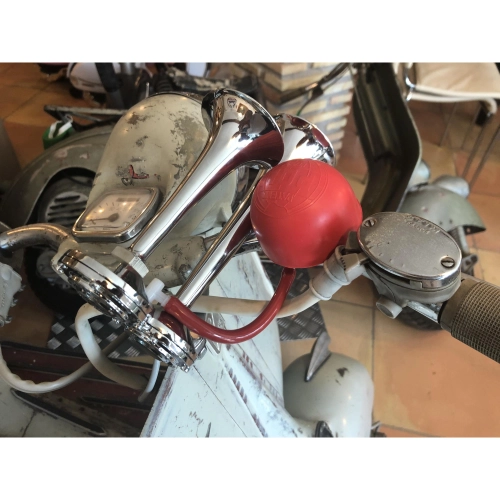 Poli Brescia Air Horns with Red Handlebar Pump for Vespa Moto Guzzi Lambretta Fiat Alfaromeo Ciao Bravo Grillo Bike Bicycle etc.