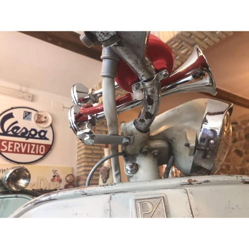 Poli Brescia Air Horns with Red Handlebar Pump for Vespa Moto Guzzi Lambretta Fiat Alfaromeo Ciao Bravo Grillo Bike Bicycle etc.