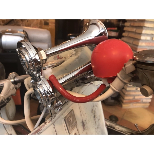 Poli Brescia Air Horns with Red Handlebar Pump for Vespa Moto Guzzi Lambretta Fiat Alfaromeo Ciao Bravo Grillo Bike Bicycle etc.