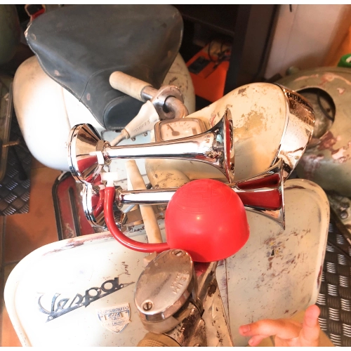 Poli Brescia Air Horns with Red Handlebar Pump for Vespa Moto Guzzi Lambretta Fiat Alfaromeo Ciao Bravo Grillo Bike Bicycle etc.