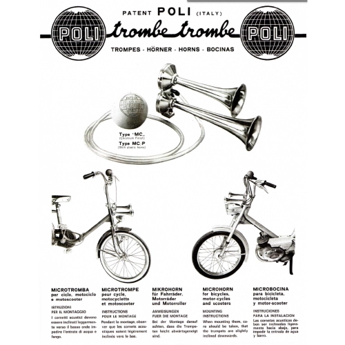 Poli Brescia Air Horns with Red Handlebar Pump for Vespa Moto Guzzi Lambretta Fiat Alfaromeo Ciao Bravo Grillo Bike Bicycle etc.