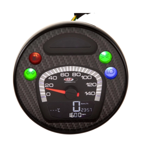 Contachilometri contagiri SIP 50000223 2.0 CARBON STYLE VESPA 80 125 150 200 PX E arcobaleno LUSSO 98 MY adattabile anche per GTV GT60 quadrante nero numeri bianchi cornice acciaio inox 24 funzioni digitale analogico