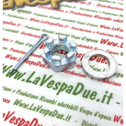 Kit goupille fendue, écrou et rondelle pour la fixation du tambour de roue VESPA 50 90 125 PRIMAVERA ET3 PK PX NLR VBB SPRINT RALLY GT SPRINT