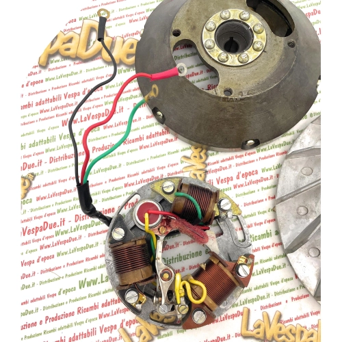 Flywheel with stator 6 volts 3 wires with tips and capacitor for VESPA SPRINT SPRINT VELOCE SUPER TS GTR GT VNB VBB etc...