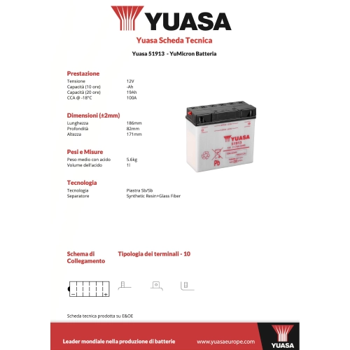 BATTERIA YUASA 51913 12V/19AH BMW 850 1100 1150 1200 R RS RT GS K LT fornita senza acido