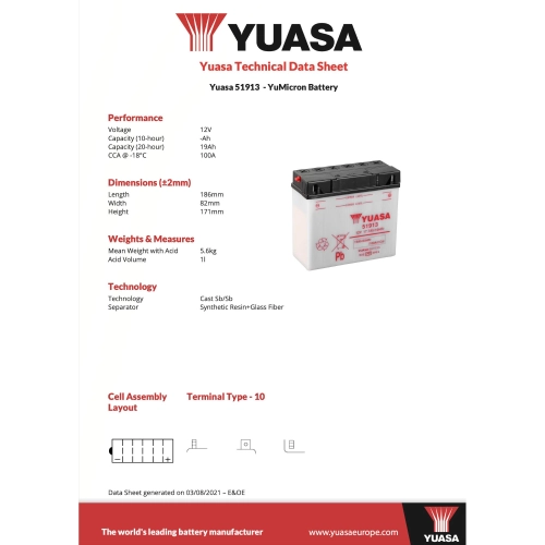BATTERIA YUASA 51913 12V/19AH BMW 850 1100 1150 1200 R RS RT GS K LT fornita senza acido