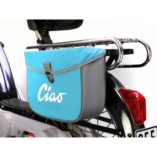 Rear side bag for PIAGGIO CIAO mopeds, grey and turquoise