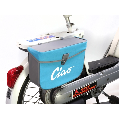 Rear side bag for PIAGGIO CIAO mopeds, grey and turquoise