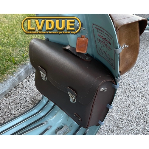 Braune Topcase-Tasche mit Frontschutzschild für VESPA 125 150 VNB VNA VBB mit Schultergurt. Italienisches Handwerksprodukt.