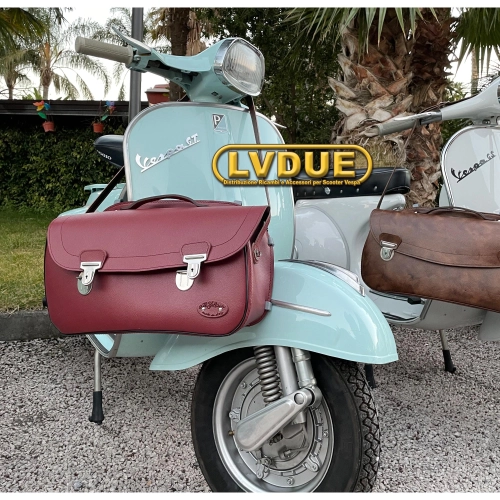 Burgunderrote Topcase-Tasche mit Frontschutzschild für VESPA 50, 90, 125, NLR, ET3 und PRIMAVERA mit Schultergurt. Italienisches Handwerksprodukt.