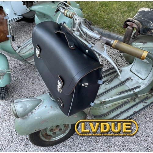 Sacoche de protection avant noire pour Vespa 98 V1 V33 VL VN VM VB 125 150 Faro Basso (1946-1958) avec bandoulière. Fabrication artisanale italienne.