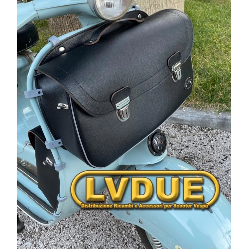 Schwarzes Topcase mit Frontschutzschild für VESPA 125 150 SUPER SPRINT VELOCE GT GTR GL mit Schultergurt. Italienisches Handwerksprodukt.