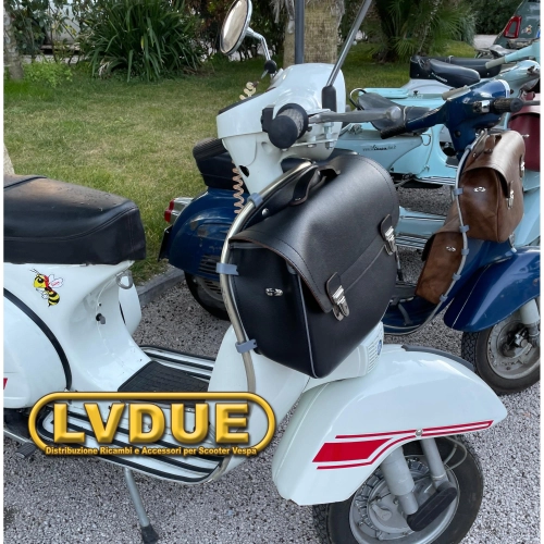 Top case noir avec protection avant pour Vespa PX PE T5 Arcobaleno 80 125 150 200 et bandoulière. Produit artisanal italien.