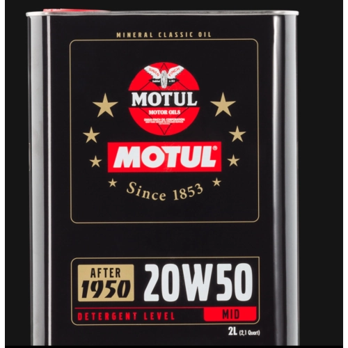 MOTUL CLASSIC 20W-50 Motor- und Getriebeöl im 2-Liter-Eisenkanister für VESPA, für Oldtimer-Diesel- und Benzinmotoren, Baujahr 1950 bis 1970