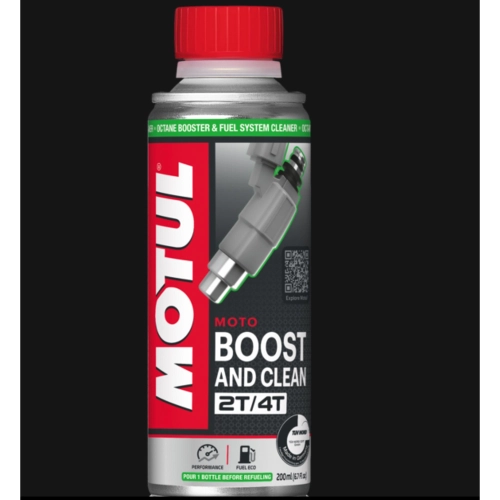 MOTUL BOOST AND CLEAN MOTO Aditivo potenciador del octanaje de la gasolina para motores de 2 y 4 tiempos. Limpia y lubrica todo el circuito de combustible. 200 ml.