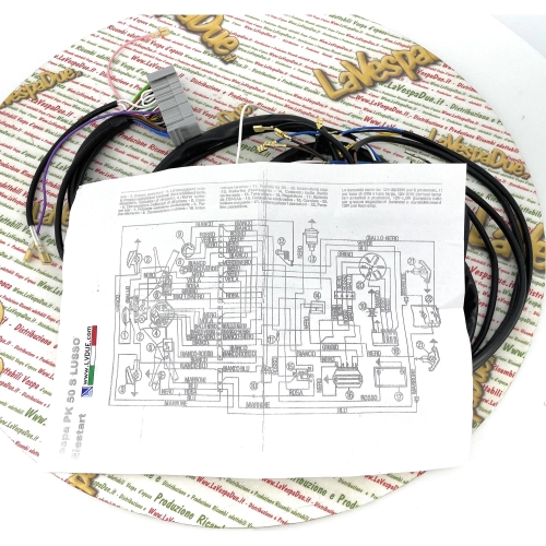 Electrical system wiring harness for VESPA PK 50 LUSSO with electric starter. ITALIAN ARTISAN PRODUCT.