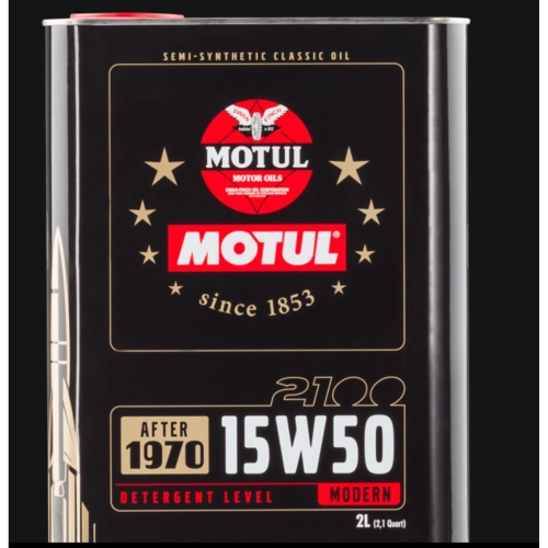 MOTUL CLASSIC 2100 15W-50 Motor- und Getriebeöl ab 1970 im 2-Liter-Eisenkanister; VESPA teilsynthetisches Mehrbereichsöl, formuliert für 4-Takt-Diesel- und Benzinmotoren ab Baujahr 1970