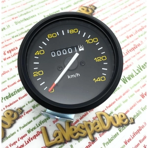 Schwarzer Tachometer, Skala 140 km/h, VESPA PX PE erste Serie 80 125 150 200, Schlüssel am Lenker P150 SP 200 E mit schwarzem Rahmen ro 190523