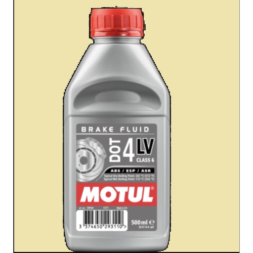 Liquide de frein 100 % synthétique MOTUL DOT 4 LV pour systèmes ABS, ESP et ASR, compatible avec les voitures FIAT, ABARTH, VW, BMW, LANCIA et AUDI (norme SAE J1034, 500 ml).