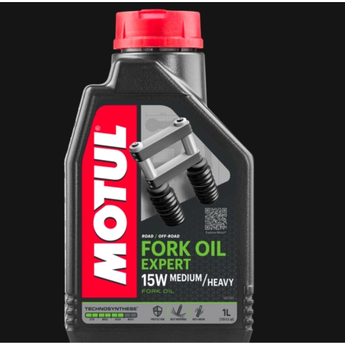 Huile de fourche MOTUL EXPERT MEDIUM HEAVY 15W 100% synthétique. Huile hydraulique pour tous types de fourches télescopiques. TECHNOSYNTHESE