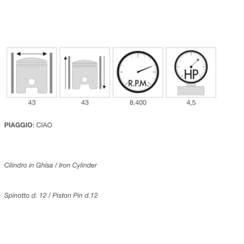 POLINI 140.0065/ST cast iron cylinder kit without head Ø 43 mm with 12 mm pin PIAGGIO 50 CIAO SI BRAVO BOXER