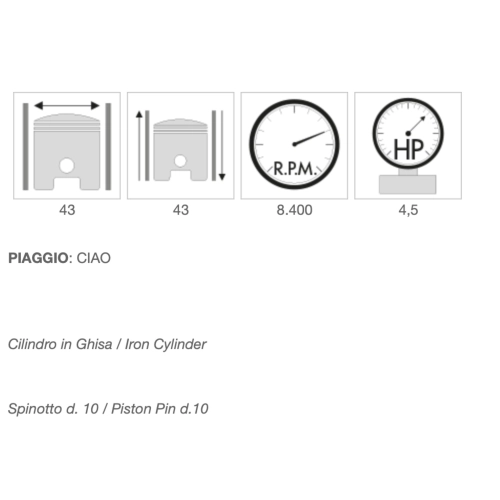 Kit cylindre en fonte POLINI 140.0065/10 Ø 43 mm avec axe de 10 mm pour PIAGGIO 50 CIAO SI BRAVO BOXER