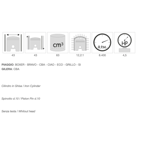 POLINI 140.0065/10ST cast iron cylinder kit without head Ø 43 mm with 10 mm pin PIAGGIO 50 CIAO SI BRAVO BOXER