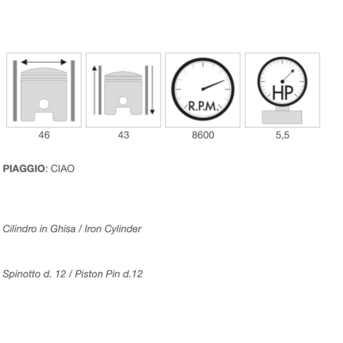 Kit cylindre en fonte POLINI 140.0066 Ø 46 mm avec axe de 12 mm pour PIAGGIO 50 CIAO SI BRAVO BOXER