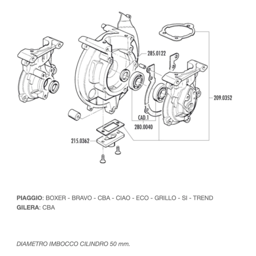 Cárter de motor POLINI 170.0200 para PIAGGIO 50 CIAO BRAVO BOXER BOSS GRILLO SI CBA para modelos con contactos sin encendido electrónico.