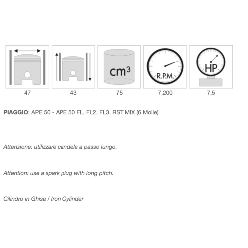 POLINI 140.0054 cast iron cylinder kit, 47 mm diameter, for APE 50 FL FL2 FL3 RST MIX