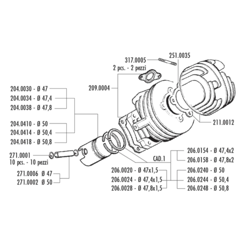 POLINI 140.0054 cast iron cylinder kit, 47 mm diameter, for APE 50 FL FL2 FL3 RST MIX