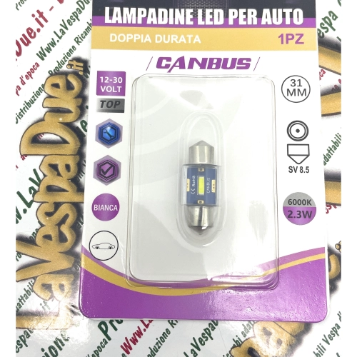 12V 30V CANBUS LED bulb with SV 8.5 31mm long socket, white color, 6000K, 2.3W, for VESPA LAMBRETTA APE motorcycles and cars