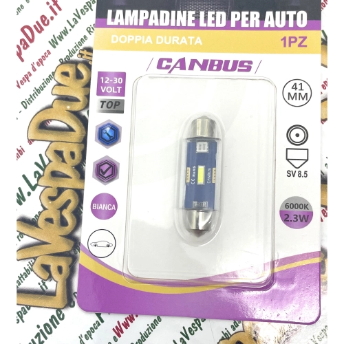 12V 30V CANBUS LED bulb with SV 8.5 41mm long socket, white color, 6000K, 2.3W, for VESPA LAMBRETTA APE motorcycles and cars