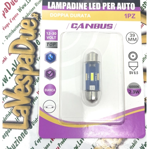 Bombilla LED CANBUS de 12V 30V con casquillo SV 8.5 de 39 mm de longitud, color blanco, 6000K, 2.3W para motocicletas y coches VESPA LAMBRETTA APE