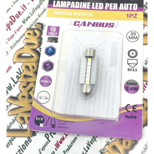 Ampoule LED CANBUS 12 volts avec culot SV 8,5, longueur 39 mm, couleur blanche, 6000 K, 2,4 W pour motos et voitures VESPA, LAMBRETTA, APE