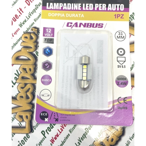 12 Volt CANBUS LED bulb with SV 8.5 connection, 31 mm long, white color, 6000° K, 2.4 W for VESPA LAMBRETTA APE motorcycles and cars