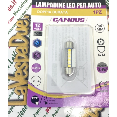 12 Volt CANBUS LED bulb with SV 8.5 socket, 36 mm long, white color, 6000° K, 2.4 W for VESPA LAMBRETTA APE motorcycles and cars