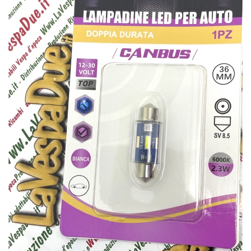 Ampoule LED CANBUS 12V/30V avec culot SV 8.5 de 36 mm de long, couleur blanche, 6000K, 2,3W pour motos et voitures VESPA, LAMBRETTA, APE