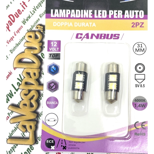 2 x 12-Volt-CANBUS-LED-Torpedolampen mit SV 8.5-Anschluss, 31 mm lang, weißes Licht (6000 K), 1,4 W, für VESPA, LAMBRETTA, APE, Motorräder und Autos