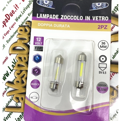 2 bombillas LED torpedo de 12 voltios con casquillo SV 8.5, 36 mm de largo, color blanco, 6000° K, 0,5 W para motocicletas y coches VESPA LAMBRETTA APE