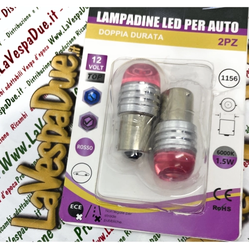 2 bombillas LED rojas con casquillo BA15S, 12 voltios, color rojo, 6000° K, 1,5 W para motocicletas y coches VESPA, LAMBRETTA y APE.
