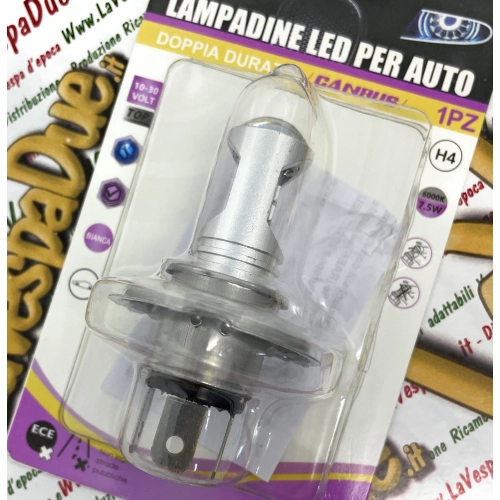 Ampoule LED H4 CANBUS 10/30 volts, blanc 6000 K, 7,5 W pour motos et voitures Vespa, Lambretta, Ape