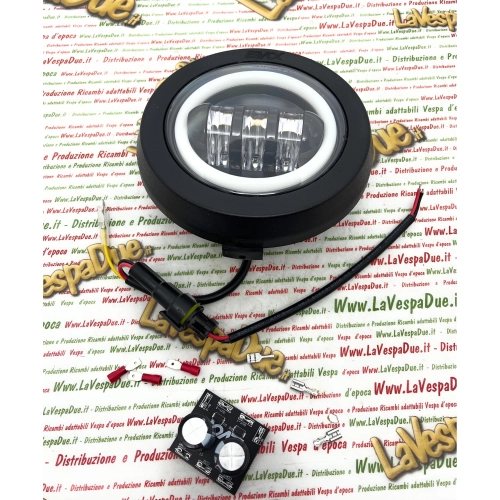 LED-Frontscheinwerfer-Optikgruppe IRON 6500 K EVOK für VESPA 50 125 PS FL FL2 AUTOMATICA von 1989 bis 1997 ro 265940 ANGEL EYES mit Konverterschaltung von 6 V auf 12 V DC und von 12 V AC auf 12 V DC und Antiflimmern