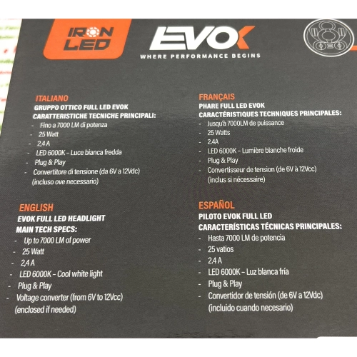 LED-Frontscheinwerfer-Optikgruppe IRON 6500 K EVOK für VESPA 50 125 PS FL FL2 AUTOMATICA von 1989 bis 1997 ro 265940 ANGEL EYES mit Konverterschaltung von 6 V auf 12 V DC und von 12 V AC auf 12 V DC und Antiflimmern