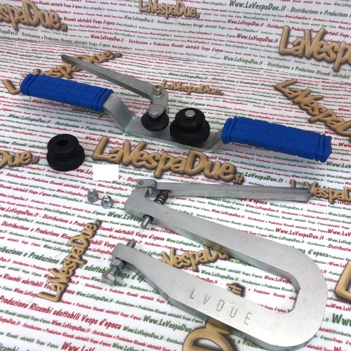 VESPA APE LAMBRETTA restoration tool kit, riveter, edge presser, assembly of shield edge, footboard strips and plates, writings