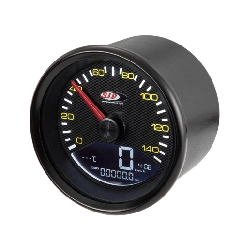 Compteur de vitesse SIP 50000530 2.0 aspect carbone pour Vespa 80 125 150 200 PX PE P150 SP 200 E, cadran noir, chiffres jaunes, cadre noir, 20 fonctions, affichage numérique/analogique