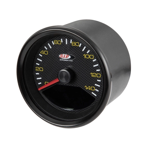 Compteur de vitesse SIP 50000530 2.0 aspect carbone pour Vespa 80 125 150 200 PX PE P150 SP 200 E, cadran noir, chiffres jaunes, cadre noir, 20 fonctions, affichage numérique/analogique